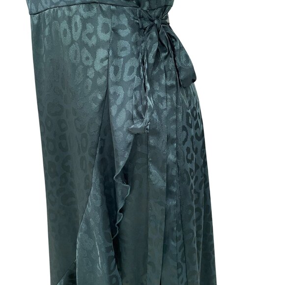 Simplee Green Satin Wrap Dress Medium Leopard Print Midi Tie Waist Elegant - Picture 12 of 14